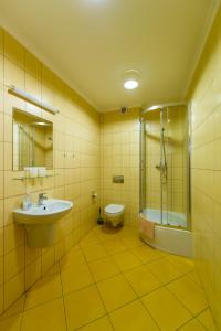 bagno con lavandino, doccia e servizi igienici di Gościniec PROMUS a Zabrze