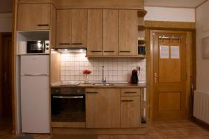 a kitchen with wooden cabinets and a white refrigerator at Apartamentos Erlueta in Calatayud