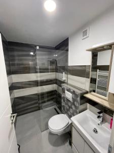 a bathroom with a toilet and a shower and a sink at Motel "KULA" in Cazin