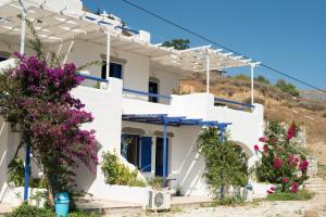 una casa blanca con flores delante en Amorgi Studios en Aegiali