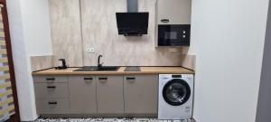 a kitchen with a sink and a washing machine at Centrum Apartman LEYLA II in Bardejov