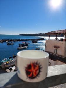 a coffee cup sitting on a ledge overlooking a harbor at La terrazza di Maria in Procida