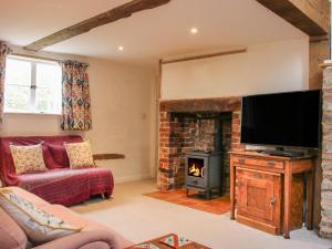 a living room with a fireplace and a tv at Denbigh Hall in Leominster