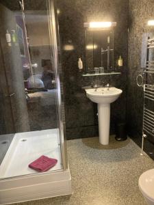 a bathroom with a sink and a shower with a sink at The Quies in Newquay