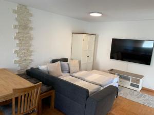 uma sala de estar com um sofá e uma televisão de ecrã plano em Ferienwohnung Elzblick em Rust