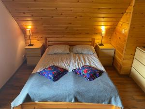 a bedroom with a bed with two pillows and two lamps at Babie Domki in Zawoja