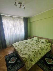 a bedroom with a bed with a green comforter and a window at Modern Room With A Great Sunrise in Timişoara