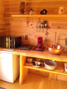 eine Küche mit Holzwänden und einer Theke mit einer Spüle in der Unterkunft Au Paradou du Bûcheron Adults only in Lessive