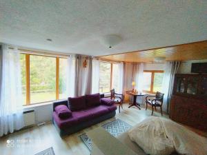 ein Wohnzimmer mit einem lila Sofa und einem Tisch in der Unterkunft Elbenland Apartments & Bungalows in Bad Schandau