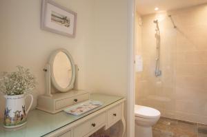een badkamer met een wastafel, een toilet en een spiegel bij Gargoyle Cottage in St. Agnes  +15 foto's