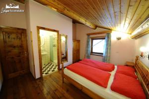 ein Schlafzimmer mit einem Bett und ein Badezimmer mit einer Dusche in der Unterkunft Appartamento Feloi vicino alle piste da sci in Livigno