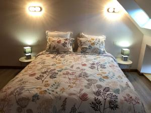 a bedroom with a bed with a floral bedspread and two lamps at Le Relais des Sites in Faverolles