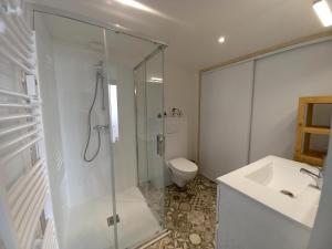uma casa de banho com um chuveiro, um WC e um lavatório. em Gîte 'Chez Joseph et Cie' -8 mn du Puy du Fou em Les Herbiers