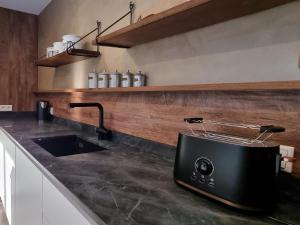 een keuken met een spoelbak en een zwarte broodrooster bij Zollhaus 65 in Reit im Winkl +62 foto's