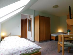 sypialnia z 2 łóżkami i świetlikiem w obiekcie Pension und Bauernhof Petzold w mieście Greiz