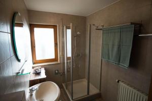 a bathroom with a shower and a sink and a shower at Ferienwohnung am Rathaus in Dingolshausen