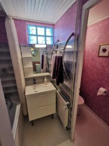 uma pequena casa de banho com um lavatório e um espelho em La maison de Céline em Arry