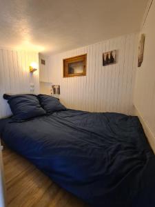 - une chambre avec un grand lit bleu dans l'établissement Appartement T2 27m² meublé vue mer, 50m de la plage, à Narbonne