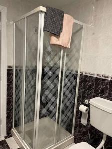 a shower with a glass door in a bathroom at Grogagh Hill Cottage in Sligo