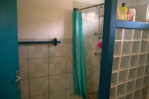 a shower with a blue shower curtain in a bathroom at Le lit d'Oli in Sainte-Rose