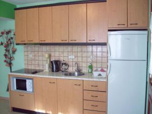 een keuken met houten kasten en een witte koelkast bij GARY APARTMENTS in Asos