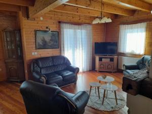 a living room with leather furniture and a flat screen tv at Logarska koča in Fokovci