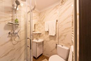 W łazience znajduje się prysznic, toaleta i umywalka. w obiekcie Pension Master w mieście Sinaia