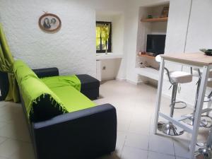 a living room with a green couch and a table at maisonnette à la campagne in San-Gavino-di-Carbini