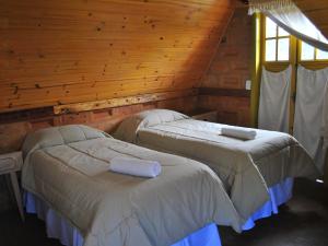 two beds in a room with wooden walls at Hostel da Montanha in Campos do Jordão