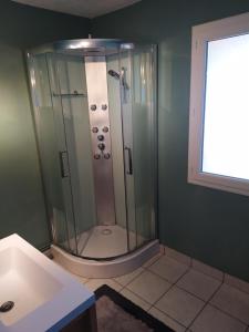 La salle de bains est pourvue d'une douche et d'un lavabo. dans l'établissement appartement avec vue panoramique, à Combaillaux