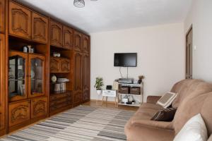 uma sala de estar com um sofá e uma televisão em 21 Cozy Apartament em Bistrita