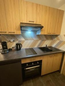 a kitchen with a sink and a stove and wooden cabinets at Charmant studio tout confort Cesson Sévigné . in Cesson-Sévigné