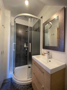 La salle de bains est pourvue d'une douche et d'un lavabo. dans l'établissement Charmant studio tout confort Cesson Sévigné ., à Cesson-Sévigné