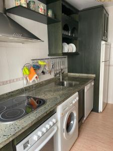 cocina con fregadero y lavadora en Casa de la Cañada - piso completo, en Carchelejo