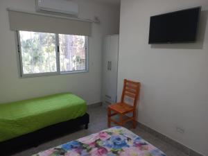 a bedroom with a bed and a chair and a tv at Casa quinta duplex Tortuguitas in Tortuguitas