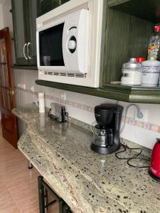 encimera de cocina con cafetera y microondas en Casa de la Cañada - piso completo, en Carchelejo