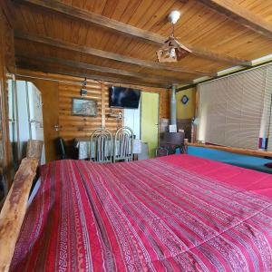 1 dormitorio con 1 cama grande de color rojo y techo en Rancho Por Fin en Barreal