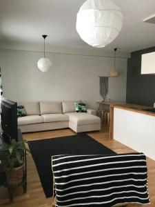 uma sala de estar com um sofá e uma mesa em City center apartment with sauna, Rovakatu 13 em Rovaniemi