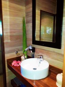 ein Badezimmer mit einem weißen Waschbecken und einem Spiegel in der Unterkunft MOOREA - Villa Mouaroa Legends in Papetoai
