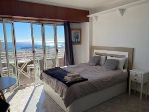 ein Schlafzimmer mit einem Bett mit Blick auf das Meer in der Unterkunft Apartamento 19th floor & sea view in Alicante