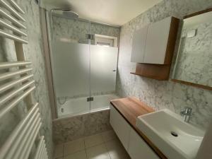 La salle de bains est pourvue d'un lavabo et d'une douche. dans l'établissement vakantiehuis nieuwendamme, à Nieuport