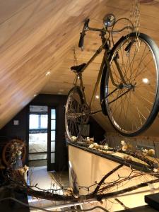 a bike hanging from the ceiling of a room at Appartement champêtre in Saguenay