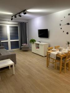 a living room with a couch and a table and a television at Apartament Bieszczadzkie Widoki in Ustrzyki Dolne