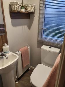 a bathroom with a white toilet and a sink at Rosie's Seton Retreat in Port Seton