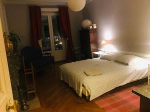 1 dormitorio con 1 cama, 1 mesa y 1 silla en Berges du Rhône/ Chambre avec balcon en Lyon