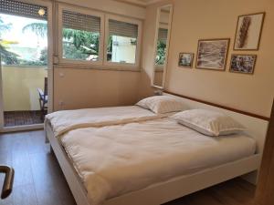1 dormitorio con 1 cama y 2 ventanas en Apartman Monte Zaro Park, en Pula