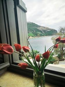 wazę wypełnioną czerwonymi kwiatami siedzącą w oknie w obiekcie Vina's Stone House w mieście Limeni