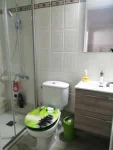 a bathroom with a toilet with a green lid at Morro Mar in Morro del Jable