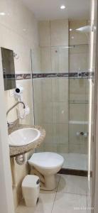 W łazience znajduje się toaleta, umywalka i prysznic. w obiekcie Quitinete ACONCHEGANTE w mieście Rio de Janeiro