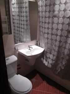 a bathroom with a toilet and a sink and a shower curtain at Comfort Private Apartments in Bansko